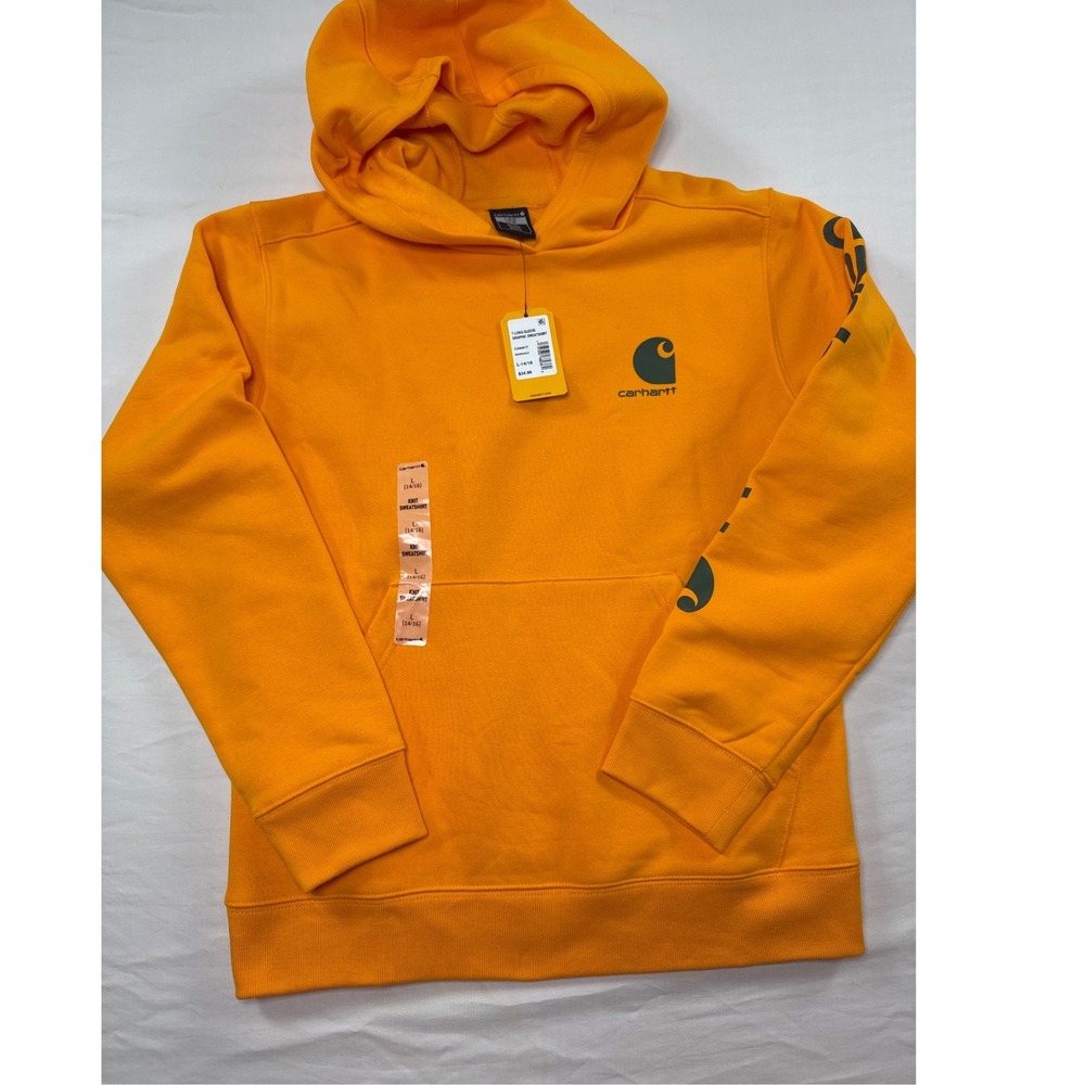 Carhartt Boys Orange Logo Graphic Hoodie Sweatshirt Size L 14/16‎